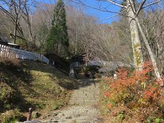 こんな感じの石段を百メートルくらい登ったでしょうか。ちょっと息が上がってきた頃に、奥社の屋根が見えてきました。最初の鳥居からここまで大体３０分余りかかりました。