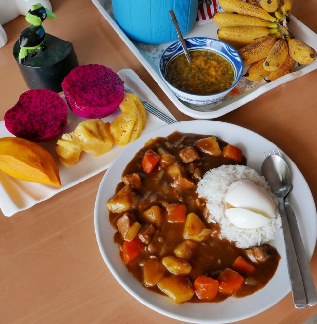 29日　昼食<br />2カ月振りか？カレーライス．．．ご飯の上に乗っているのは半熟卵<br />果物（トオー　パイナップル　ケーオマンコーン赤　ミニバナナ　パッションフルーツ）