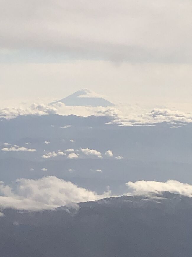 飛行機の窓からくっきりと富士山。
