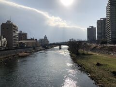 開運橋を渡ります。北上川にかかる開運橋と、そこから見える岩手山が、盛岡の宣伝にはよく使われていますね。あいにくちょっと空が暗くて、写真だとさらに暗くなってしまいます。ここから、城址公園まではタクシーで行こうと思ったのですが、来るタクシーはすべて駅からの人を乗せていて、空車がないので、そのまま歩いていたら城址公園についてしまいました。徒歩10分くらいですが、城址公園の北側から入ろうと思っていたので、そこからさらに回ります。