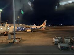 那覇空港到着。機体いつぱいにジンベイザメの絵が描かれた飛行機がいた。