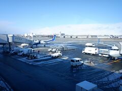 　新千歳空港に予定よりも早く到着、空港周辺はあまり雪ありません。