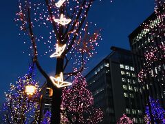 ビルの向かいには大阪・光の饗宴の一つであるイルミネーションが続いているのですが、そこにこんな折り鶴モチーフがついていました。

初めて見たかも！

このあと淀屋橋まで歩きましたが、このモチーフがついているのは本町周辺のいくつかの木だけでした。