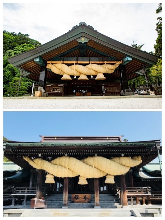 出雲大社も奇妙な神社だが、その奇妙なところは<br />参拝方法だけではなく、しめ縄にも表れている。<br /><br />上が出雲大社のしめ縄、下が福岡の宮地嶽神社の<br />しめ縄である。どうだろう、違いが判るだろうか。<br /><br />左右が逆になっているのである。<br /><br />通常のしめ縄は結い始めるところが向かって右、<br />つまり神社側から見て左に持ってきて、最後の<br />しっぽのように細い方が向かって左、つまり神<br />社側から見て右に来る。つまり、下の宮地嶽神<br />社のやり方が正式の方法である。しかし、出雲<br />大社は左右が逆なのだ。