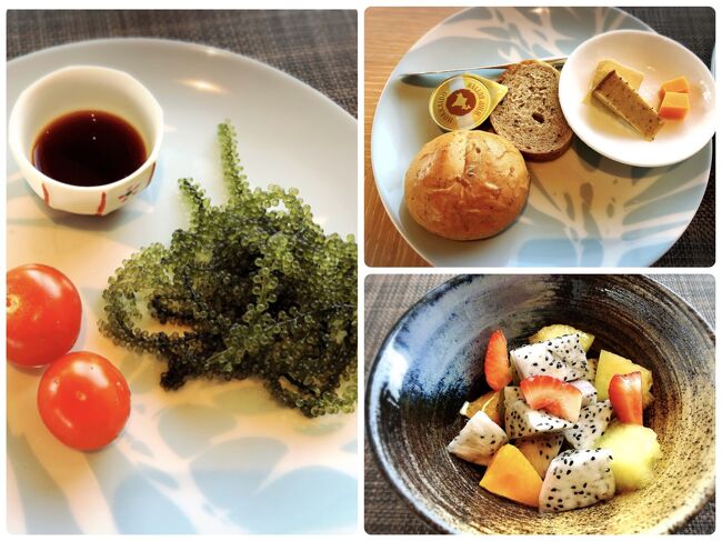 此方はブッフェ台から。<br />大好きな海ぶどうも食べ放題だ～！＾＾；<br /><br />ハードパンが見た目パサパサかな？と思ったのですが、しっとりしていて美味しかった。流石ホテルパンですね。(^_-)-☆