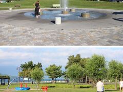 温泉街からは少し離れた場所に広くゆったりとした広場があり、水遊びを楽しむ親子連れの姿もありました。
