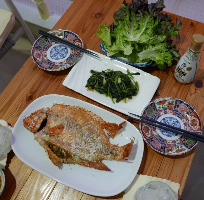 10日　夕食<br />プラーパクチム．．．〇．．．養殖、淡水魚<br />野菜炒め（ニンニク入り）．．．〇