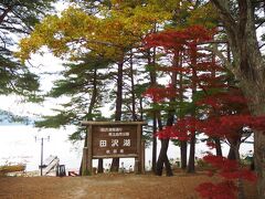 田沢湖共栄パレスの駐車場から田沢湖の看板があったので紅葉と一緒にパチリ