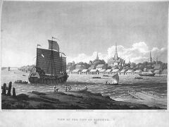 当時のチャオプラヤー川と王宮の様子を描いた絵画です。

１８９３年、パークナム事件においては、フランス海軍の軍艦が、シャム海軍の警告を無視して、チャオプラヤー川を北上し、バンコクの王宮に砲撃を加えました。

パークナム事件です。

フランス軍艦は、チャオプラヤー川を遡りました。

