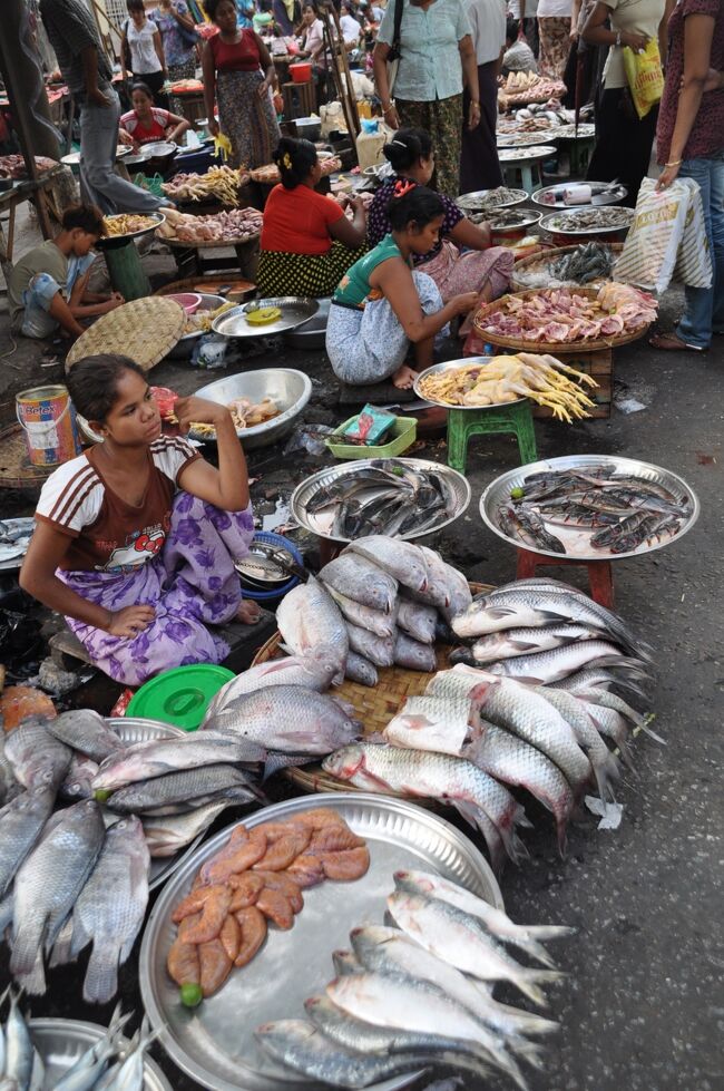 ヤンゴン中心部では夕方にも市場が開かれていて魚介類も豊富に売られている。