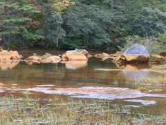 　銅沼の岩の側面を見ると水平に赤褐色と灰色の境目が入っている。境目まで沼の水があった、という証である。岩肌が余りにも綺麗なので、人が塗ったような感じがしました。