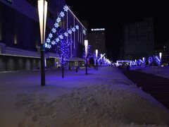 旭川駅に着いたのは、21:14。もちろん真っ暗で駅前のイルミネーションがきれいでした。