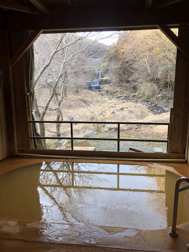 お風呂からは滝が見えます。お湯はちょっと温めの鉄泉ぽいお湯です。