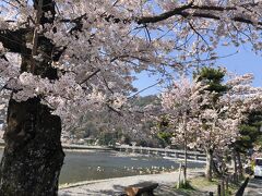 【渡月橋】
　嵐山あたりに行くなら混雑を避けて朝早くにと、以前から思っています。今回は二条駅の志津やで朝食を取り、嵯峨野線でJRでむかい嵯峨野嵐山に9時前につきました。幸い混雑に出会うことなく桜を楽しめました。