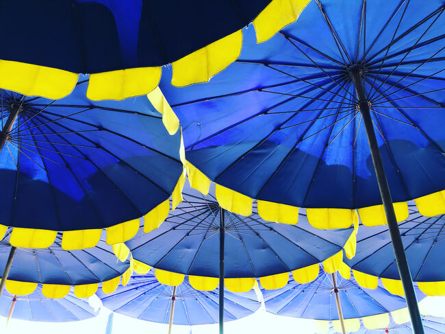 椅子型の30パーツのビーチチェアーじゃなくて、フラットになる100パーツのビーチチェアーをフラットにして、静かな海岸でビーチパラソルを眺めています。