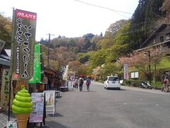 手前が吉野駅で、出てすぐ左にトイレもあります。
写真奥に観桜期臨時バス (吉野駅～中千本行き)が
停まっていました。
バスの奥まで詰めて立っている人も大勢いました。
一杯になるまで出発しませんでした。
すぐ奥に空のバスが3台くらい駐車していました。
このバスは3日間乗り放題フリーチケット（一人3,050円）は
使えません。
乗車口手前で係員に一人450円を現金で支払いました。
京都市内のバスは関東圏の「スイカ」が使えましたが
ここは使えませんでした。
関西の「イコカ」は使えたのかな？