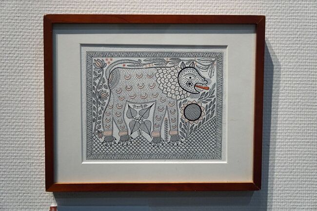 インド民俗絵画ミティーラ画「生命の樹」ガラス額装 インド民俗絵画ミティーラ画「生命の樹」ガラス額装