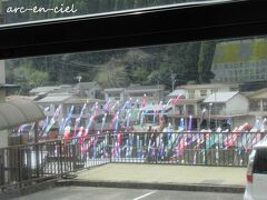 どうやら「杖立温泉 鯉のぼり祭り」が翌日からの開催で、ちょうど飾りつけが終わったタイミングだったみたい。
一瞬ですが、素敵な光景を目にすることができました♪
以前、四万十川で、鯉のぼりの川流しを見ましたが、杖立温泉は調べたところ、約3500匹と数が多くて、華やかでした。

杖立温泉 鯉のぼり祭り
※2021年4月1日～5月6日まで、開催されています。