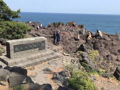 城ヶ崎海岸の石碑がここにも。岩の上を散策している人達がたくさんいました。うちは子連れなので遠くから。