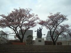 来宮神社から徒歩で、湯前神社や熱海銀座商店街を見ながら歩くこと25分。
サンビーチと親水公園の間あたりにある釜鳴屋平七像まで来ました。
両脇に桜の木が２本あり、1月下旬、きれいな桜を見ることができました。