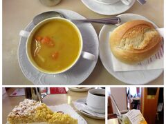 シュトゥットガルトのホテルで朝ご飯をたっぷり食べたので、あまりお腹は空いていません。
野菜スープ（4.2ユーロ）とコーヒー（2.8ユーロ）にしました。

食後にケーキ（3.2ユーロ)、カモミール（2.8ユーロ）を追加注文♪
ドム・カフェは、初めてマインツに来た時からずっと入りたいと思っていたコンディトライ。ケーキを食べて、満足、満足！