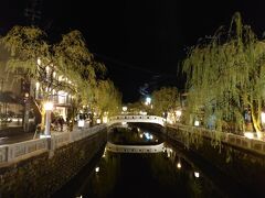 温泉街の中心には、大谿川（おおたにがわ）が流れ、ポール灯でライトアップされた柳並木と石橋がつくる景観が見事でした（これが温泉情緒の風情というものでしょう）。
