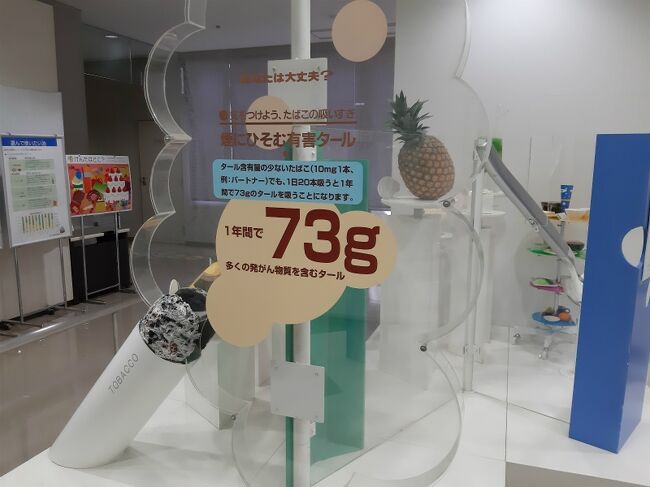 健康科学館ですから、何処かに必ず”禁煙お勧めコーナー”が有るだろうと思っていたら、後半にチャンと有りました。<br />私は一日一箱程度なので、私の年間吸収タールが思わず確認できました。