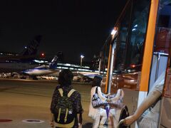 羽田空港では沖止めでした。息子と初めての男2人だけの旅を楽しみました。家内は独りを満喫していたようです。