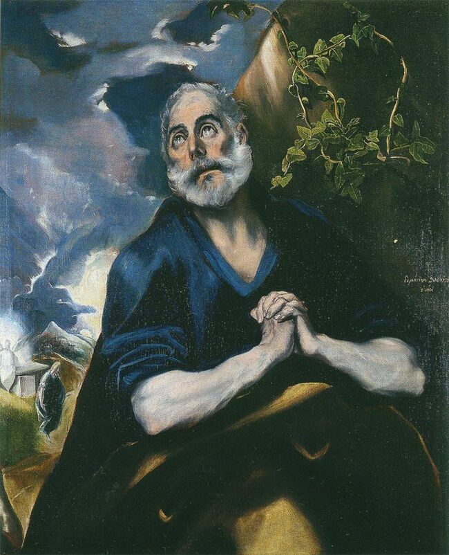 グレコ1590　ｘｘ▽「悔悛する聖ペテロ」ボウズ美術館所蔵<br />＊潤む上目が良く表現されている。聖ペテロの背後には、天使によってキリストの復活を告げられたマグダラのマリアが、イエスの墓を後にする場面が描かれている。