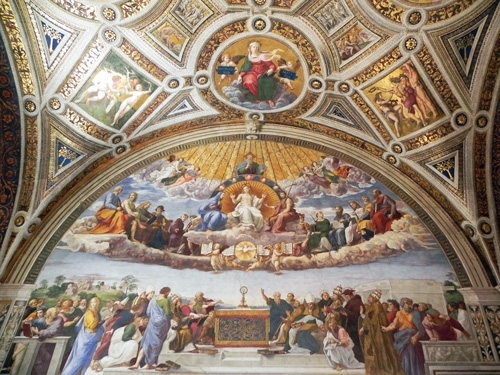 ラファエロ1509   「聖体の論議」 ヴァチカン宮殿  「ヘリオドロスの間」<br />＊フレスコ画 幅7、7m<br />＊壁四面にも、それぞれ作品が描かれていル。そのうちの一つ「大教皇レオとアッティラの会談」<br />＊教皇レオ1世とフン族の王アッティラが停戦交渉をしている様子が描かれています。色鮮やかな天井画は、旧約聖書の創世記の物語が題材になっている。