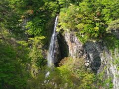 ドライブインの裏手の駐車場へ行くと梵字川の対岸に白い筋を描く滝が見えた。