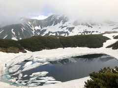 みくりが池に立山が映り込むところがありました。

山に雲がかかっていますが、さっきまで雨が降ってましたし、天気予報も良くなかったので、この時は、「少しでも山が見えるだけ良かった」と前向きに考えていました。

この時は、明日に、青空の写真が撮れることなど、全く想像しておりませんでした。