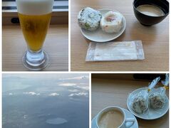 今日の飛行機は広島直行便。1日1便で出発は15時。ラウンジのアルコールは緊急事態宣言中は休止でしたが、やっとビールも飲めるようになりました。
倶多楽湖がきれいに見えます。