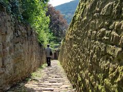 「哲学者の道」からアルテ・ブリュッケ橋に向かって下る途中にある石壁に囲まれた石畳のシュランゲン小道。相当急な坂道ですが、趣があります。