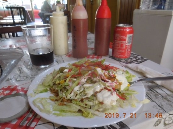 　想像とは違った方角から駅に到着。バスは間違えたが早めに帰りの行動に移ったのが功を奏して電車の時間を心配しないで済んだ。フェロール行きの電車の時間までは１時間弱あるので駅の近くで昼飯を探す。料理の値段が書かれていたのでトルコ料理の店に入る。メニューの写真を見てサラダで軽くと思って注文したら下に細かい肉がいっぱい。油っこくてまた腹が心配になったので胃薬を飲んでおく。ビールも一緒に頼んだが、ビールは駄目と言ってるようなのでコーラにしといた。モスリムの店は面倒だな。<br />