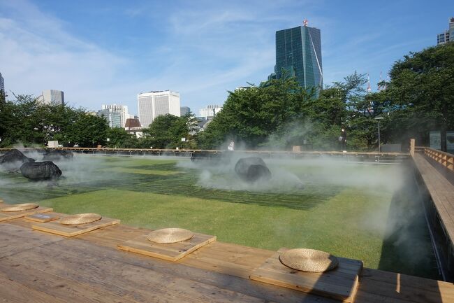 ガレリアを抜けて芝生広場に行ってみます。<br />芝生広場に四角い縁台みたいな物が作られていました。<br />縁台には座布団が敷かれています。<br />その縁台の真ん中が中庭になっていて中庭では霧がモウモウと出ていました。