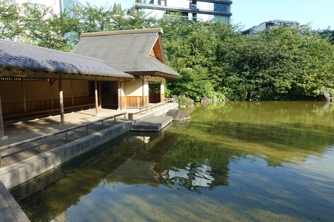 パーゴラの少し先には大きな池があります。<br />池の脇には和風の休憩所もあります。<br />昔この辺りは毛利家の下屋敷があり清水園と呼ばれた名園があったそうです。<br />そのイメージなのかな？