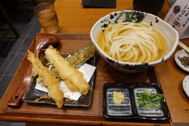 冷やしかけうどん大盛り　720円<br />イカ天　220円<br />海老天　280円<br />ちくわ磯辺天　　170円<br /><br />天ぷらがサックサクで予想をはるかに上回った美味しさ！<br /><br />普通の天ぷら屋さん以上に上手に揚がってました。<br />びっくり！<br /><br />うどんの大盛りは予想以上に量がありました。<br />汁まで飲み干しましたが満腹です。<br />私にしたらこういう風に満腹になるのって珍しい。