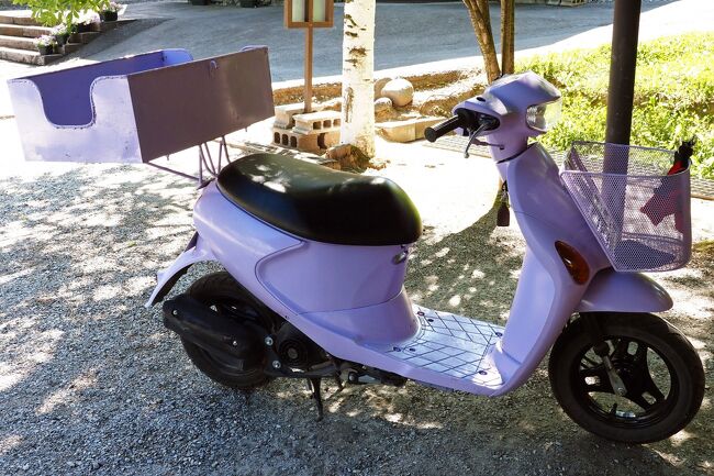 ファーム冨田内を走るスタッフの移動用原付は、優しいラベンダーカラーをしている。