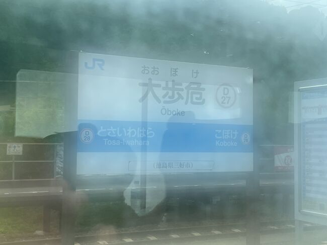 長いトンネルを抜けて大歩危駅に到着。一気に窓が曇りました。