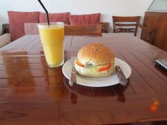 朝になり、近くのカフェで朝食を頂きます。
チーズとトマトのサンドで腹ごしらえしました。