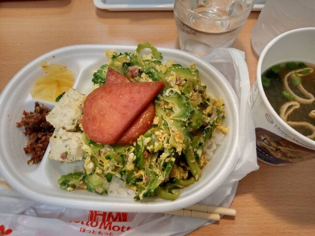 一人外食するのも面倒なので、ほっともっとでゴーヤーチャンプル弁当500円。<br />ゴーヤはたっぷり、スパムは2切れなのでちょっと少ないかな。でも作りたてだから美味しい。<br />また大浴場に行き、疲れたので早めに就寝。。