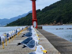 女木港の防波堤に並ぶ約300羽のカモメは、「カモメの駐車場」という木村崇人氏の作品
カモメの絵を切り抜いたプレートで風向きによってくるくる回ります。
