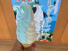 そしてここで忘れちゃいけないのがしゃこたんブルーのソフトクリームを食べること。
１個400円。
ちなみにブルーはミント味、ということだけどミントの味はほとんどしなくて言われてみればミント？という程度。
なのでミント苦手な人も大丈夫かと(笑)。