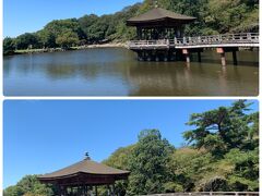 奈良に何度も来ているのに初めて来た『浮見堂』。
ホテルからすぐの所にありました。
奈良公園の鷺池（さぎいけ）に浮かぶ檜皮葺き(ひわだぶき)、
八角堂形式(六角形)のお堂です。
鷺がいる事から鷺池と言われているんですよ、とホテルスタッフが教えて下さり、この時もいました。