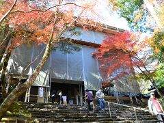 登山なみの強行軍です。西明寺から30分で到着。
やっと神護寺の三門が見えてきましたが工事中。
ここで拝観料700円を払います