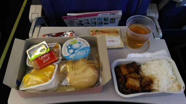 お馴染み機内食。<br />豚の角煮・・・慣れとは恐ろしいもので完食<br />アップルジュース　<br />食後にブラックコーヒー←冷めていて美味しくないのもいつものパターン