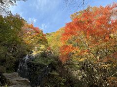 岩場に続く細い道の先には、下からは見えない、飛龍の滝の展望スペースがありました。滝を間近に。紅葉も間近に。