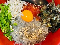 主人は人気らしいいくらしらす三種丼。
釜揚げしらす、生しらす、いくらが乗った丼。生卵は生しらすと絡めて頂くとのこと。
一口ずつ頂きましたが、こちらもおいしい。生しらす、久しぶりに食べました。ぷりぷりとしたしらすが黄身とも絡んで口の中でハーモニーを奏でている…。

腹ごなしも完了。
シャトルバスの集合場所へと向かいます。