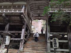 参道の途中にあった「由岐神社」で、一旦休憩。

10月の火祭りは有名だそうです。拝殿の中央の通路の奥に見えるのが、御神木の大杉。